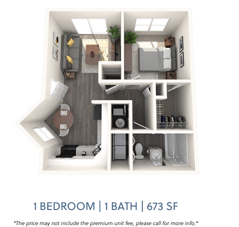 Floor plan for 1 bed, 1 bath, 673 sqft